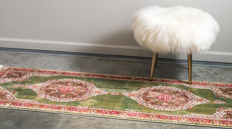 Green 2' x 8' Baracoa Runner Area Rug 100% Polypropylene Distressed Vintage Living Dining Room Office Traditional Carpet for Sale at Rug Engine