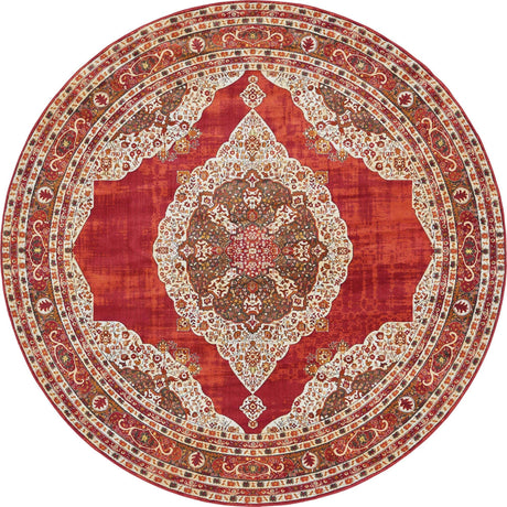 Red 8' x 8' Baracoa Round Area Rug 100% Polypropylene Distressed Vintage Living Dining Room Office Traditional Carpet for Sale at Rug Engine