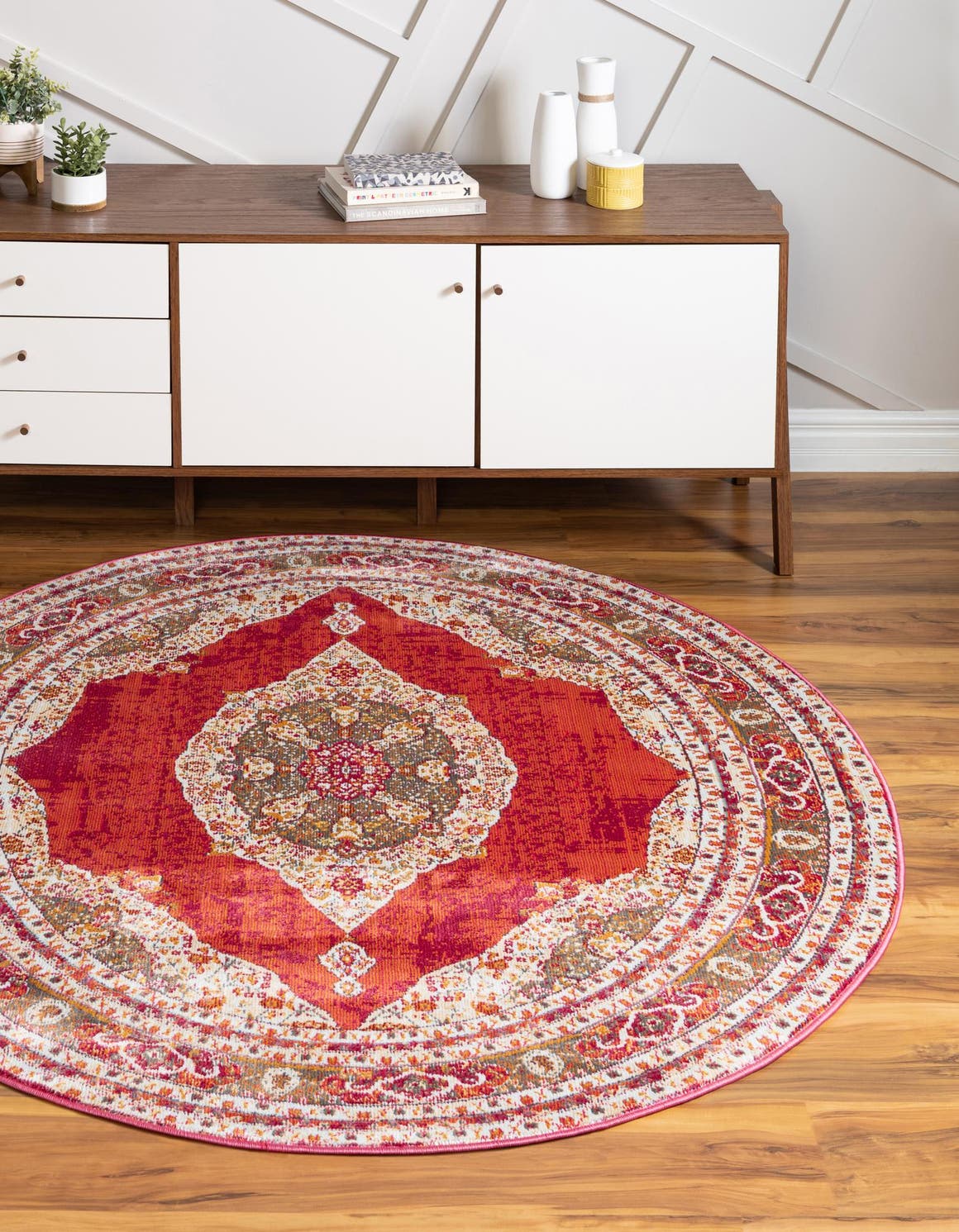 Red 5' 5 x 5' 5 Baracoa Round Area Rug 100% Polypropylene Distressed Vintage Living Dining Room Office Traditional Carpet for Sale at Rug Engine