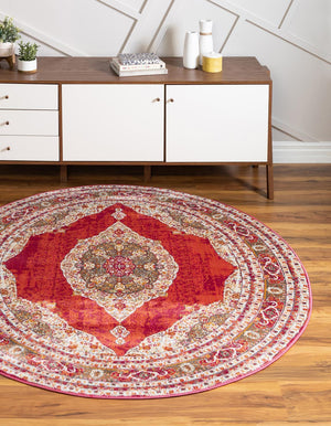 Red 5' 5 x 5' 5 Baracoa Round Area Rug 100% Polypropylene Distressed Vintage Living Dining Room Office Traditional Carpet for Sale at Rug Engine