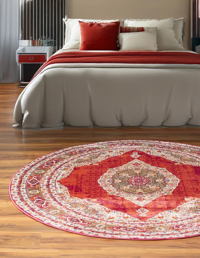 Red 8' x 8' Baracoa Round Area Rug 100% Polypropylene Distressed Vintage Living Dining Room Office Traditional Carpet for Sale at Rug Engine