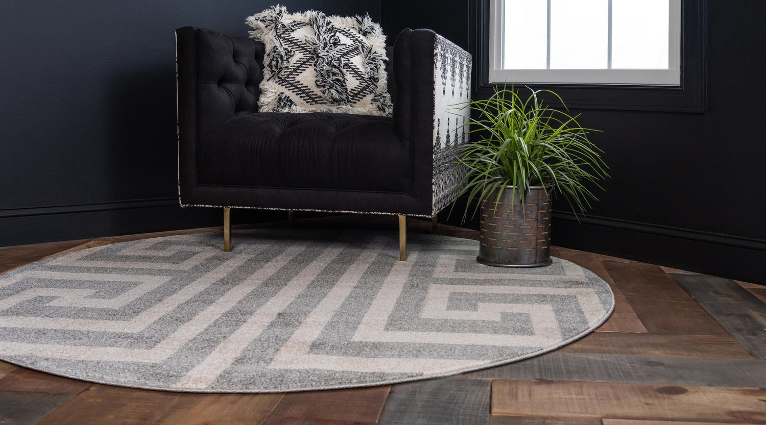 Gray 7' 10 x 7' 10 Athens Round Area Rug 100% Polypropylene With Cotton Backing Easy Clean Indoor Living Dining Room Bedroom Office Carpet for Sale at Rug Engine