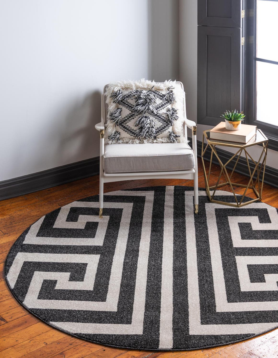 Black 7' 10 x 7' 10 Athens Round Area Rug 100% Polypropylene With Cotton Backing Easy Clean Indoor Living Dining Room Bedroom Office Carpet for Sale at Rug Engine