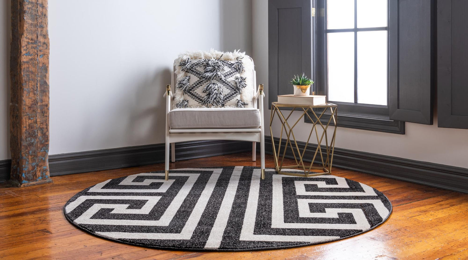 Black 7' 10 x 7' 10 Athens Round Area Rug 100% Polypropylene With Cotton Backing Easy Clean Indoor Living Dining Room Bedroom Office Carpet for Sale at Rug Engine