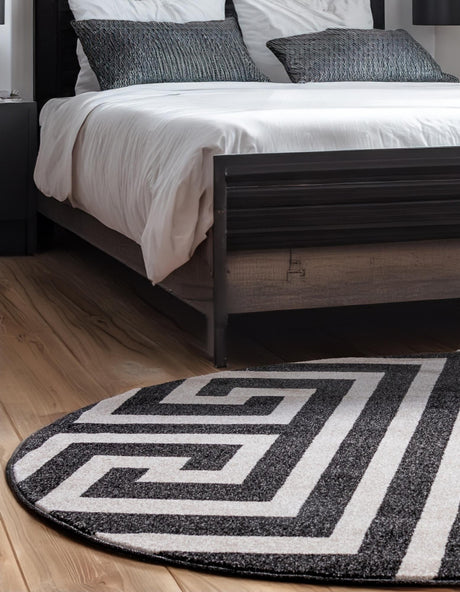 Black 6' 1 x 6' 1 Athens Round Area Rug 100% Polypropylene With Cotton Backing Easy Clean Indoor Living Dining Room Bedroom Office Carpet for Sale at Rug Engine