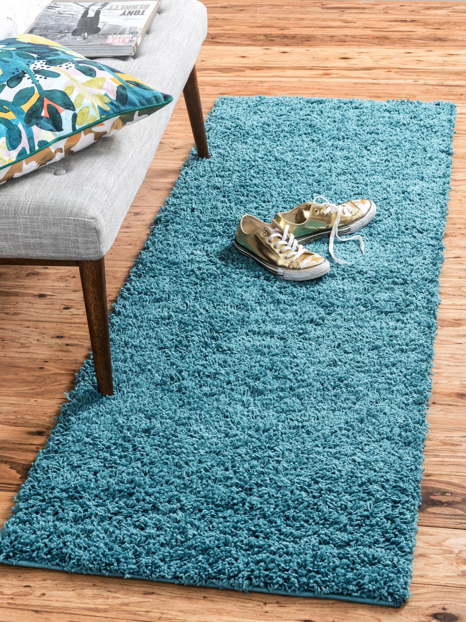 Deep Aqua Blue 2' 1 x 6' 5 Solid Shag Runner Area Rug Thick Soft Touch Fluffy & Plush Shaggy Pile Durable Minimalist Carpet for Classic Interior Design for Sale at Rug Engine