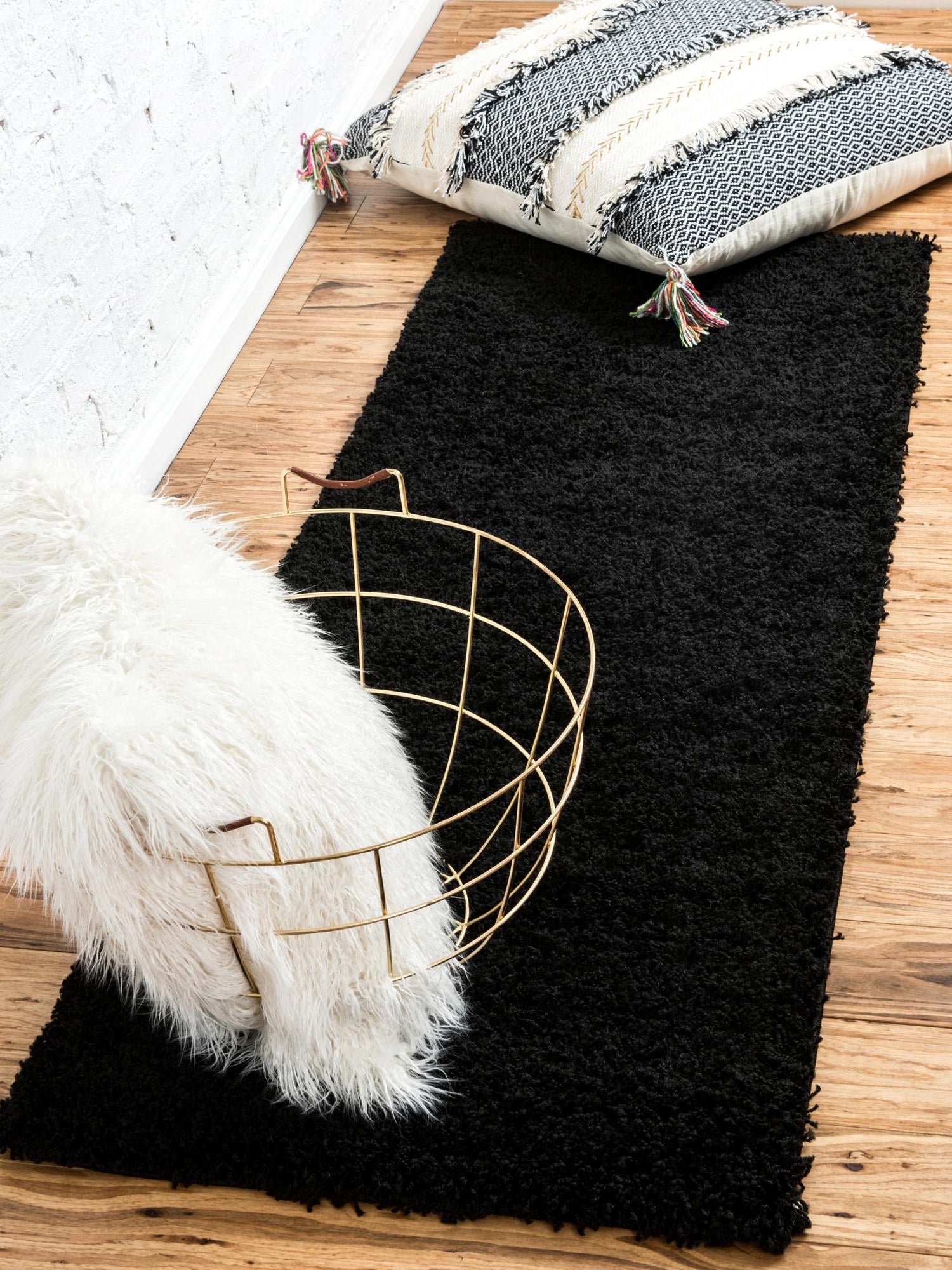 Jet Black 2' 1 x 6' 5 Solid Shag Runner Area Rug Thick Soft Touch Fluffy & Plush Shaggy Pile