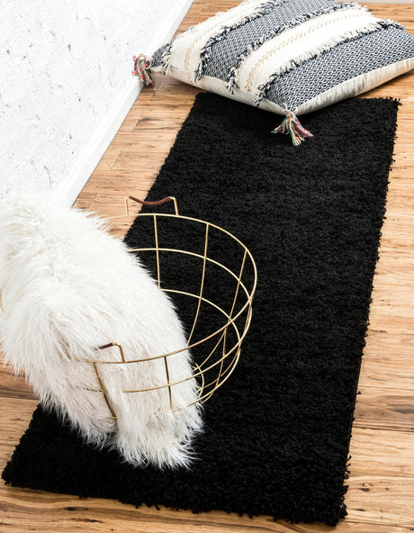 Jet Black 2' 1 x 6' 5 Solid Shag Runner Area Rug Thick Soft Touch Fluffy & Plush Shaggy Pile