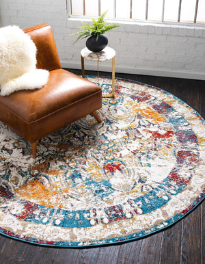 Multicolor 8' x 8' Rosso Round Area Rug Vintage Distressed Faded Traditional Design Carpet for Unique Home Interior Design for Sale at Rug Engine