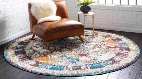 Multicolor 8' x 8' Rosso Round Area Rug Vintage Distressed Faded Traditional Design Carpet for Unique Home Interior Design for Sale at Rug Engine