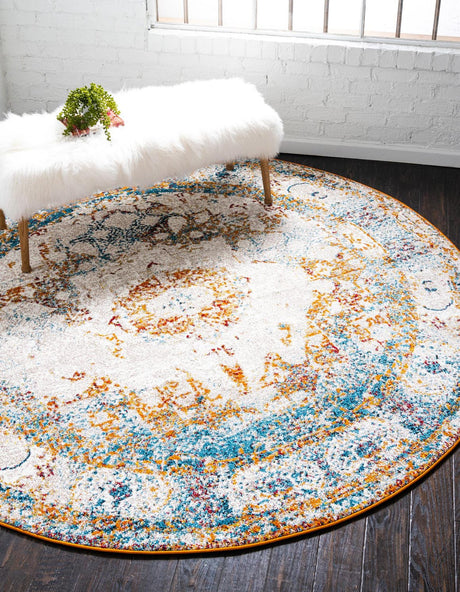 Beige 4' 1 x 4' 1 Rosso Round Area Rug Vintage Distressed Faded Traditional Design Carpet for Unique Home Interior Design for Sale at Rug Engine