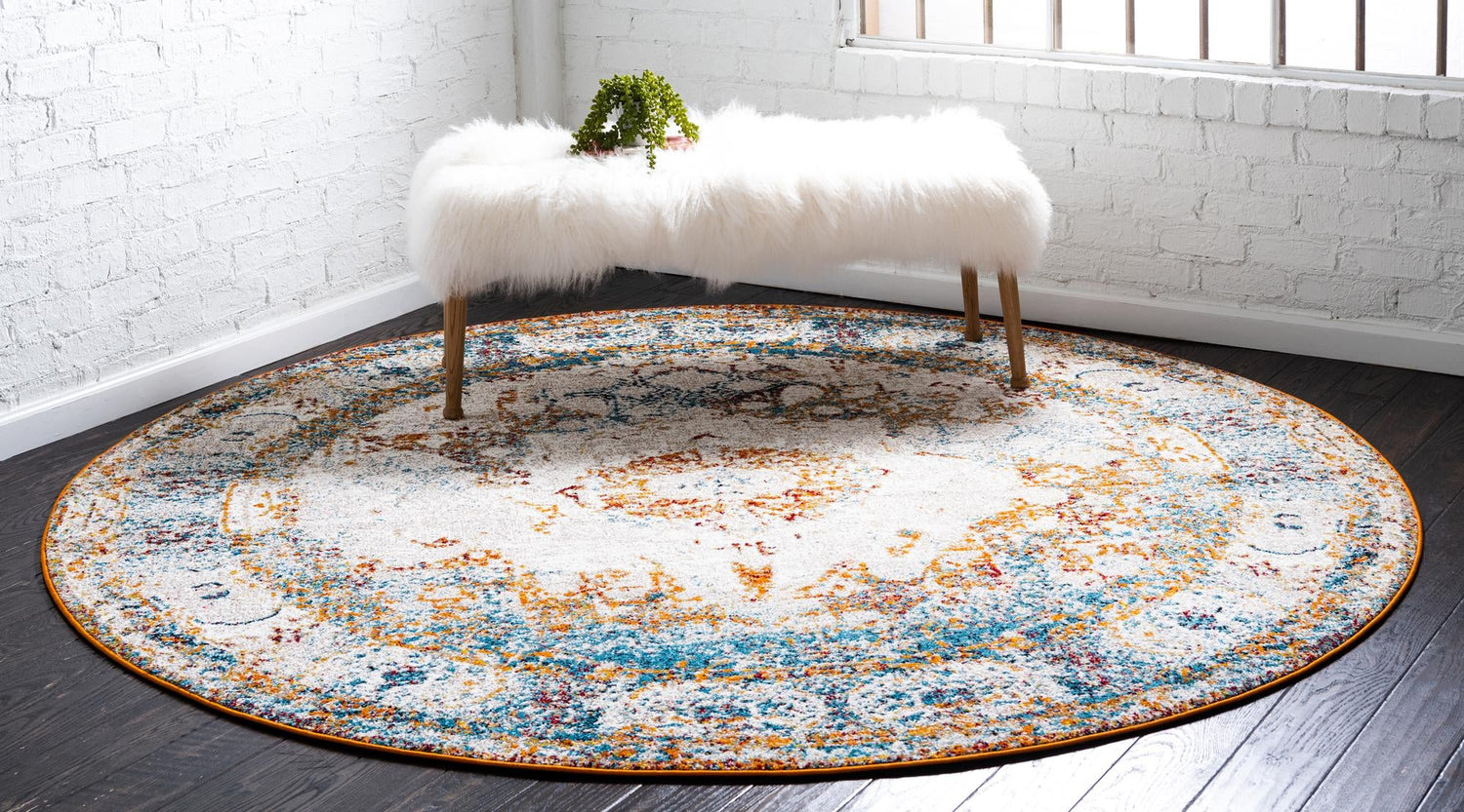 Beige 4' 1 x 4' 1 Rosso Round Area Rug Vintage Distressed Faded Traditional Design Carpet for Unique Home Interior Design for Sale at Rug Engine
