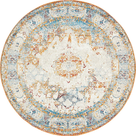 Beige 8' x 8' Rosso Round Area Rug Vintage Distressed Faded Traditional Design Carpet for Unique Home Interior Design for Sale at Rug Engine