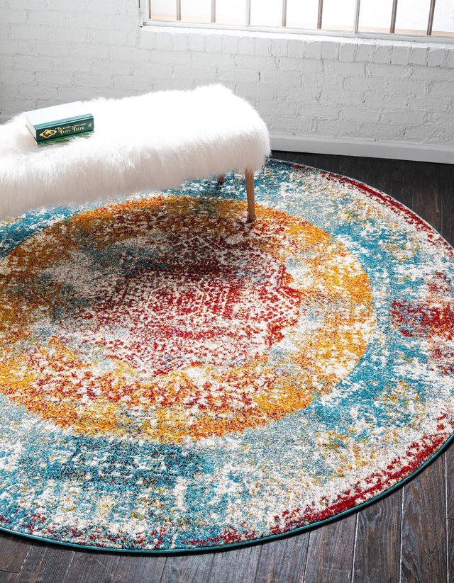 Multicolor 4' 1 x 4' 1 Rosso Round Area Rug Vintage Distressed Faded Traditional Design Carpet for Unique Home Interior Design for Sale at Rug Engine