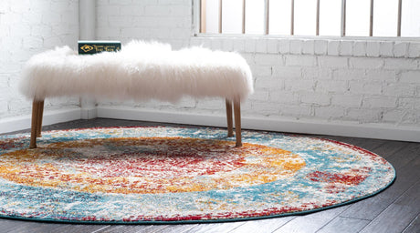 Multicolor 4' 1 x 4' 1 Rosso Round Area Rug Vintage Distressed Faded Traditional Design Carpet for Unique Home Interior Design for Sale at Rug Engine
