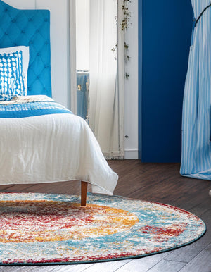 Multicolor 8' x 8' Rosso Round Area Rug Vintage Distressed Faded Traditional Design Carpet for Unique Home Interior Design for Sale at Rug Engine