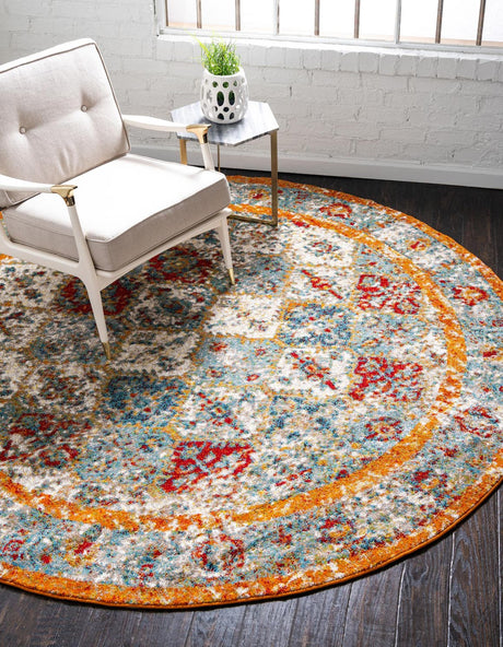 Beige 8' x 8' Rosso Round Area Rug Vintage Distressed Faded Traditional Design Carpet for Unique Home Interior Design for Sale at Rug Engine