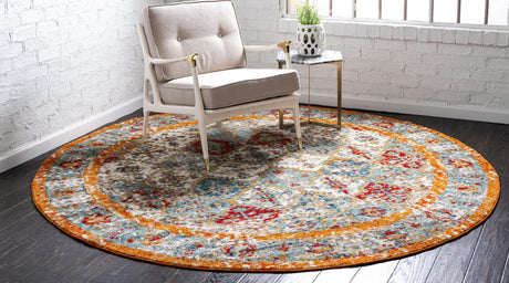 Beige 8' x 8' Rosso Round Area Rug Vintage Distressed Faded Traditional Design Carpet for Unique Home Interior Design for Sale at Rug Engine