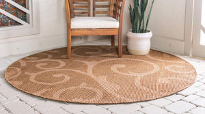 Brown 6' 1 x 6' 1 Outdoor Botanical Round Area Rug Weather Resistant for Patio, Deck, Terrace, Balcony, Porch Polypropylene Garden Floral Tropical Carpet for Sale at Rug Engine