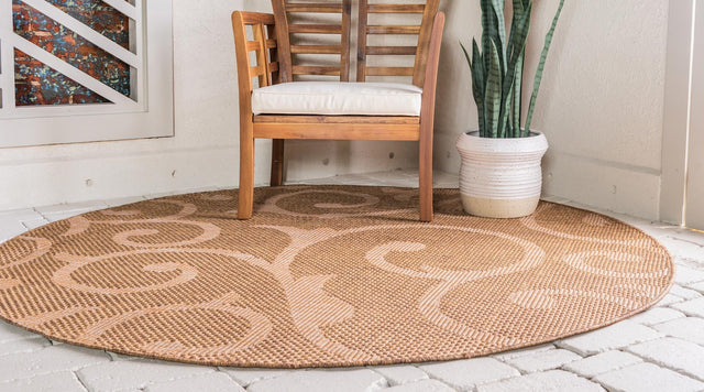 Brown 6' 1 x 6' 1 Outdoor Botanical Round Area Rug Weather Resistant for Patio, Deck, Terrace, Balcony, Porch Polypropylene Garden Floral Tropical Carpet for Sale at Rug Engine
