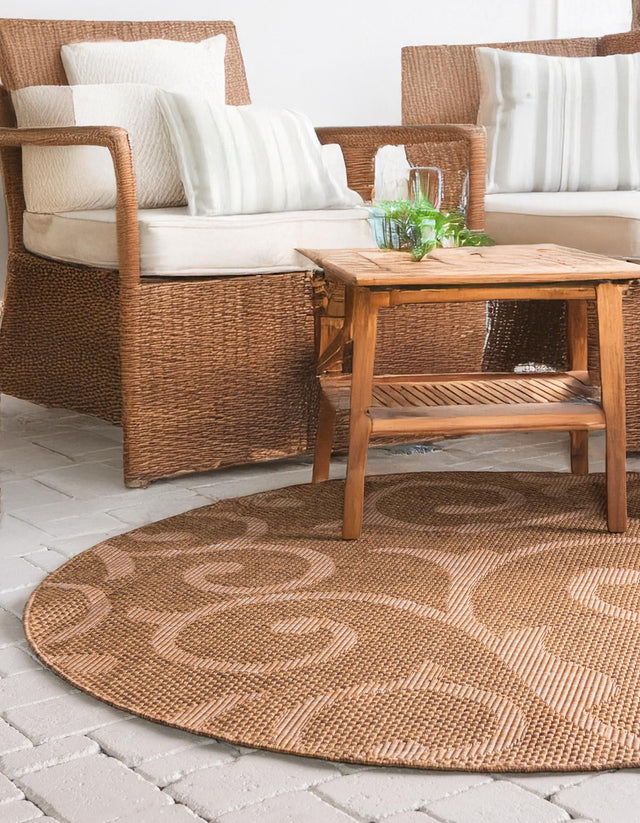 Brown 6' 1 x 6' 1 Outdoor Botanical Round Area Rug Weather Resistant for Patio, Deck, Terrace, Balcony, Porch Polypropylene Garden Floral Tropical Carpet for Sale at Rug Engine