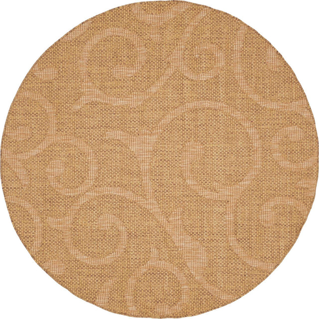 Brown 6' 1 x 6' 1 Outdoor Botanical Round Area Rug Weather Resistant for Patio, Deck, Terrace, Balcony, Porch Polypropylene Garden Floral Tropical Carpet for Sale at Rug Engine