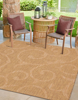 Brown 6' 1 x 6' 1 Outdoor Botanical Square Area Rug Weather Resistant for Patio, Deck, Terrace, Balcony, Porch Polypropylene Garden Floral Tropical Carpet for Sale at Rug Engine