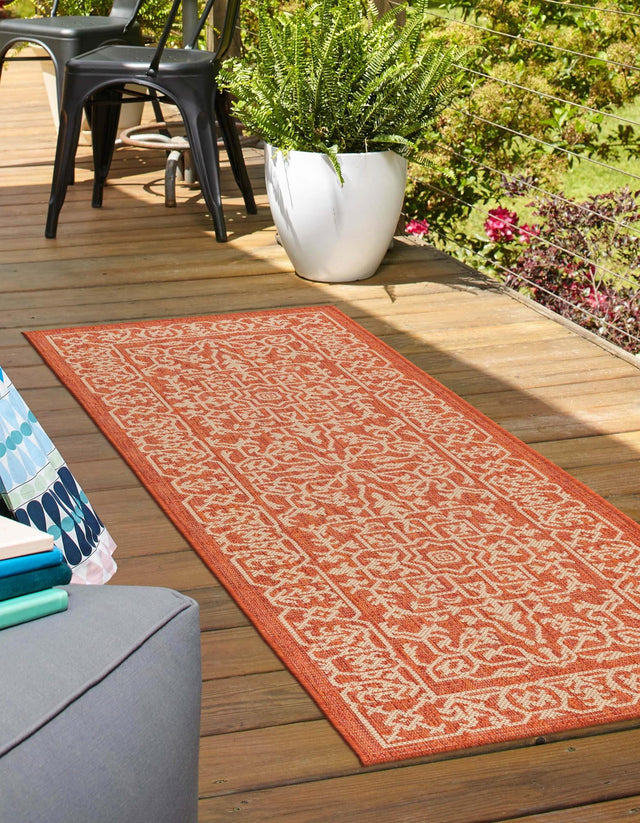 Terracotta 2' x 8' Outdoor Botanical Runner Area Rug Weather Resistant for Patio, Deck, Terrace, Balcony, Porch Polypropylene Garden Floral Tropical Carpet for Sale at Rug Engine