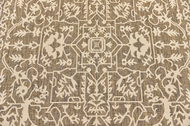 Brown 6' x 6' Outdoor Botanical Square Area Rug Weather Resistant for Patio, Deck, Terrace, Balcony, Porch Polypropylene Garden Floral Tropical Carpet for Sale at Rug Engine