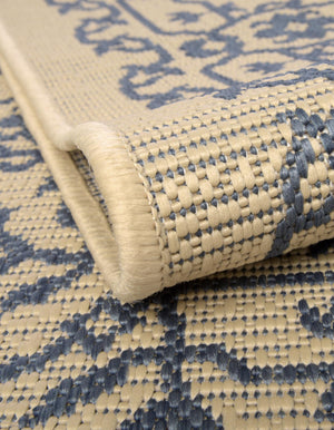 Beige and Blue 6' 1 x 6' 1 Outdoor Botanical Round Area Rug Weather Resistant for Patio, Deck, Terrace, Balcony, Porch Polypropylene Garden Floral Tropical Carpet for Sale at Rug Engine
