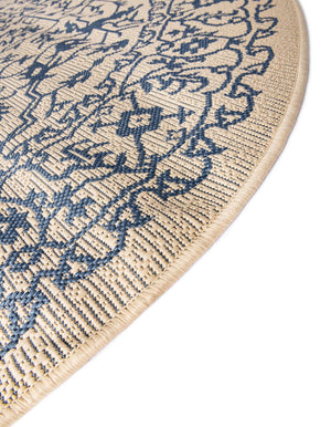 Beige and Blue 6' 1 x 6' 1 Outdoor Botanical Round Area Rug Weather Resistant for Patio, Deck, Terrace, Balcony, Porch Polypropylene Garden Floral Tropical Carpet for Sale at Rug Engine