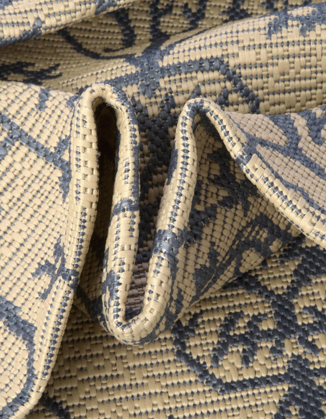 Beige and Blue 6' 1 x 6' 1 Outdoor Botanical Round Area Rug Weather Resistant for Patio, Deck, Terrace, Balcony, Porch Polypropylene Garden Floral Tropical Carpet for Sale at Rug Engine
