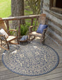 Blue 6' 1 x 6' 1 Outdoor Botanical Round Area Rug Weather Resistant for Patio, Deck, Terrace, Balcony, Porch Polypropylene Garden Floral Tropical Carpet for Sale at Rug Engine