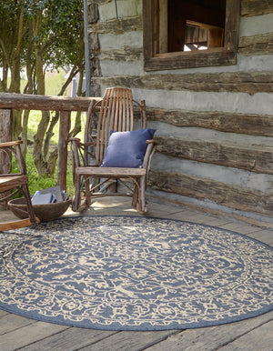 Blue 6' 1 x 6' 1 Outdoor Botanical Round Area Rug Weather Resistant for Patio, Deck, Terrace, Balcony, Porch Polypropylene Garden Floral Tropical Carpet for Sale at Rug Engine