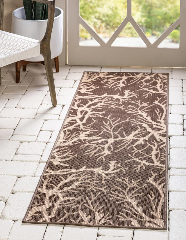 Brown 2' x 6' 1 Outdoor Botanical Runner Area Rug Weather Resistant for Patio, Deck, Terrace, Balcony, Porch Polypropylene Garden Floral Tropical Carpet for Sale at Rug Engine