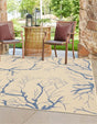 Beige and Blue 6' 1 x 6' 1 Outdoor Botanical Square Area Rug Weather Resistant for Patio, Deck, Terrace, Balcony, Porch Polypropylene Garden Floral Tropical Carpet for Sale at Rug Engine