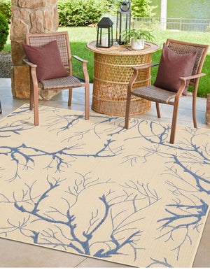 Beige and Blue 6' 1 x 6' 1 Outdoor Botanical Square Area Rug Weather Resistant for Patio, Deck, Terrace, Balcony, Porch Polypropylene Garden Floral Tropical Carpet for Sale at Rug Engine