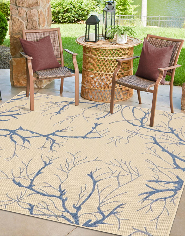 Beige and Blue 6' 1 x 6' 1 Outdoor Botanical Square Area Rug Weather Resistant for Patio, Deck, Terrace, Balcony, Porch Polypropylene Garden Floral Tropical Carpet for Sale at Rug Engine