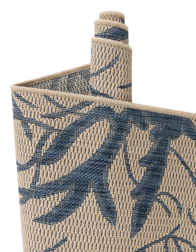 Beige and Blue 6' 1 x 6' 1 Outdoor Botanical Square Area Rug Weather Resistant for Patio, Deck, Terrace, Balcony, Porch Polypropylene Garden Floral Tropical Carpet for Sale at Rug Engine