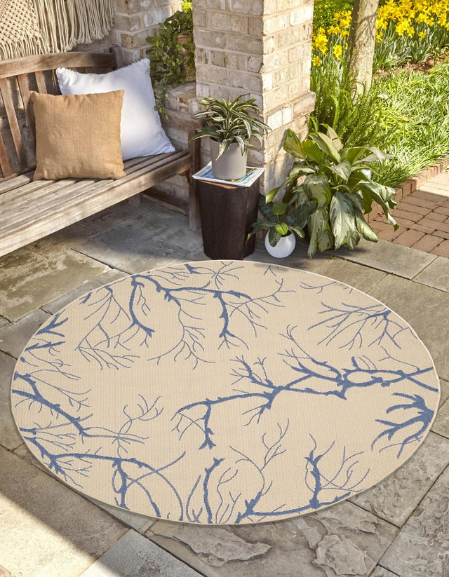 Beige and Blue 6' 1 x 6' 1 Outdoor Botanical Round Area Rug Weather Resistant for Patio, Deck, Terrace, Balcony, Porch Polypropylene Garden Floral Tropical Carpet for Sale at Rug Engine