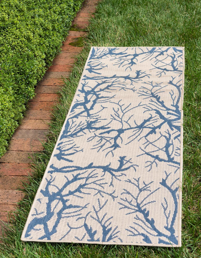 Beige and Blue 2' x 6' 1 Outdoor Botanical Runner Area Rug Weather Resistant for Patio, Deck, Terrace, Balcony, Porch Polypropylene Garden Floral Tropical Carpet for Sale at Rug Engine