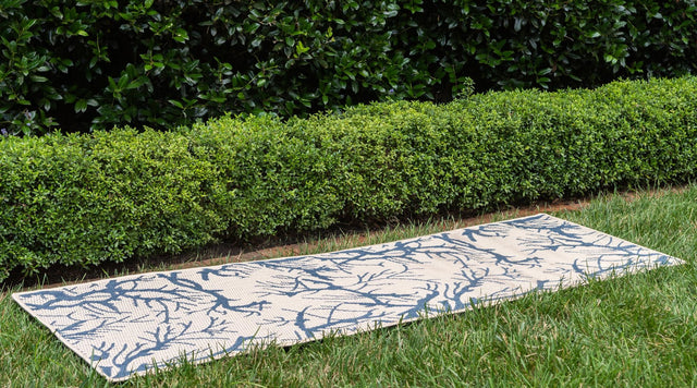 Beige and Blue 2' x 6' 1 Outdoor Botanical Runner Area Rug Weather Resistant for Patio, Deck, Terrace, Balcony, Porch Polypropylene Garden Floral Tropical Carpet for Sale at Rug Engine