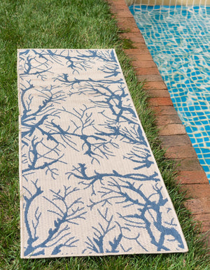 Beige and Blue 2' x 6' 1 Outdoor Botanical Runner Area Rug Weather Resistant for Patio, Deck, Terrace, Balcony, Porch Polypropylene Garden Floral Tropical Carpet for Sale at Rug Engine
