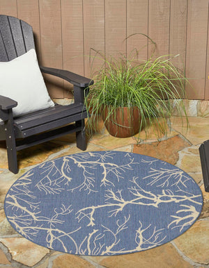Blue 6' 1 x 6' 1 Outdoor Botanical Round Area Rug Weather Resistant for Patio, Deck, Terrace, Balcony, Porch Polypropylene Garden Floral Tropical Carpet for Sale at Rug Engine