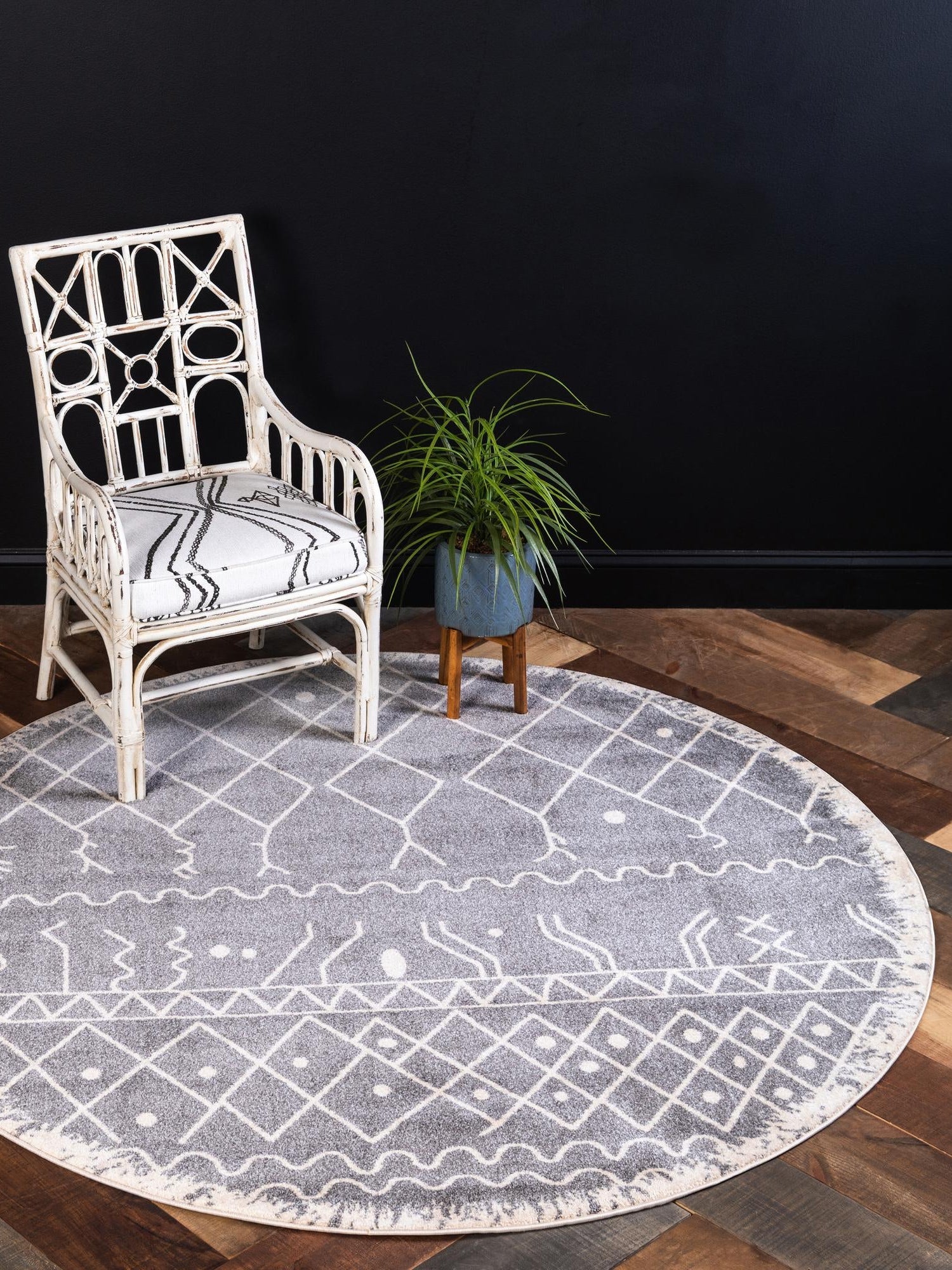 Gray 6' 1 x 6' 1 Fez Round Area Rug Geometric 100% Polypropylene Easy Clean Stain Resistant Carpet for Living, Dining, Office, Dorms for Sale at Rug Engine