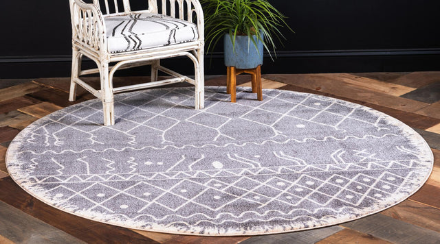 Gray 8' x 8' Fez Round Area Rug Geometric 100% Polypropylene Easy Clean Stain Resistant Carpet for Living, Dining, Office, Dorms for Sale at Rug Engine
