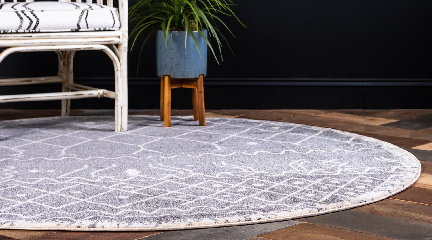 Gray 3' 3 x 3' 3 Fez Round Area Rug Geometric 100% Polypropylene Easy Clean Stain Resistant Carpet for Living, Dining, Office, Dorms for Sale at Rug Engine