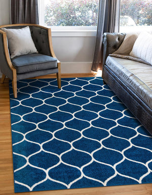 Navy Blue 5' 3 x 8' Trellis Frieze Rectangle Area Rug Geometric Modern Unique Stain Resistant Easy Clean Carpet for Living, Dining, Bedrooms, Office for Sale at Rug Engine