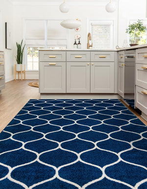 Navy Blue 7' 10 x 10' Trellis Frieze Rectangle Area Rug Geometric Modern Unique Stain Resistant Easy Clean Carpet for Living, Dining, Bedrooms, Office for Sale at Rug Engine
