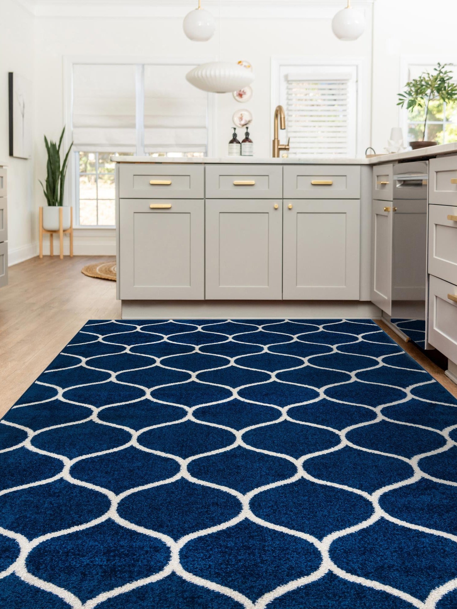 Navy Blue 6' 1 x 9' Trellis Frieze Rectangle Area Rug Geometric Modern Unique Stain Resistant Easy Clean Carpet for Living, Dining, Bedrooms, Office for Sale at Rug Engine